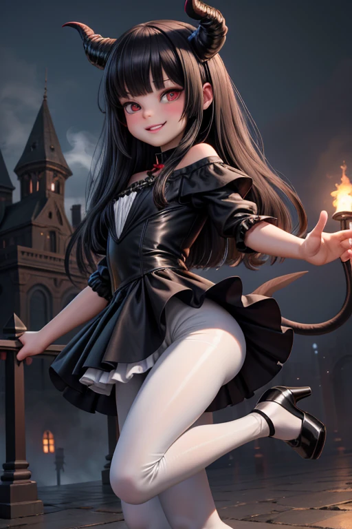 Ultra-realistic 8k CG, masterpiece, best quality, (photorealistic:1.4), absurdres, extremely detailed, real hair, life-like, horror scene, dark setting, (leaping forward), cute girl smiling, red smokey eyes make up, black hair, girly dress, (white pantyhose), black ((mary jane pumps)), tail, black wings, devil horns, looking at viewer, reflective, crawling toward viewer, night castle garden