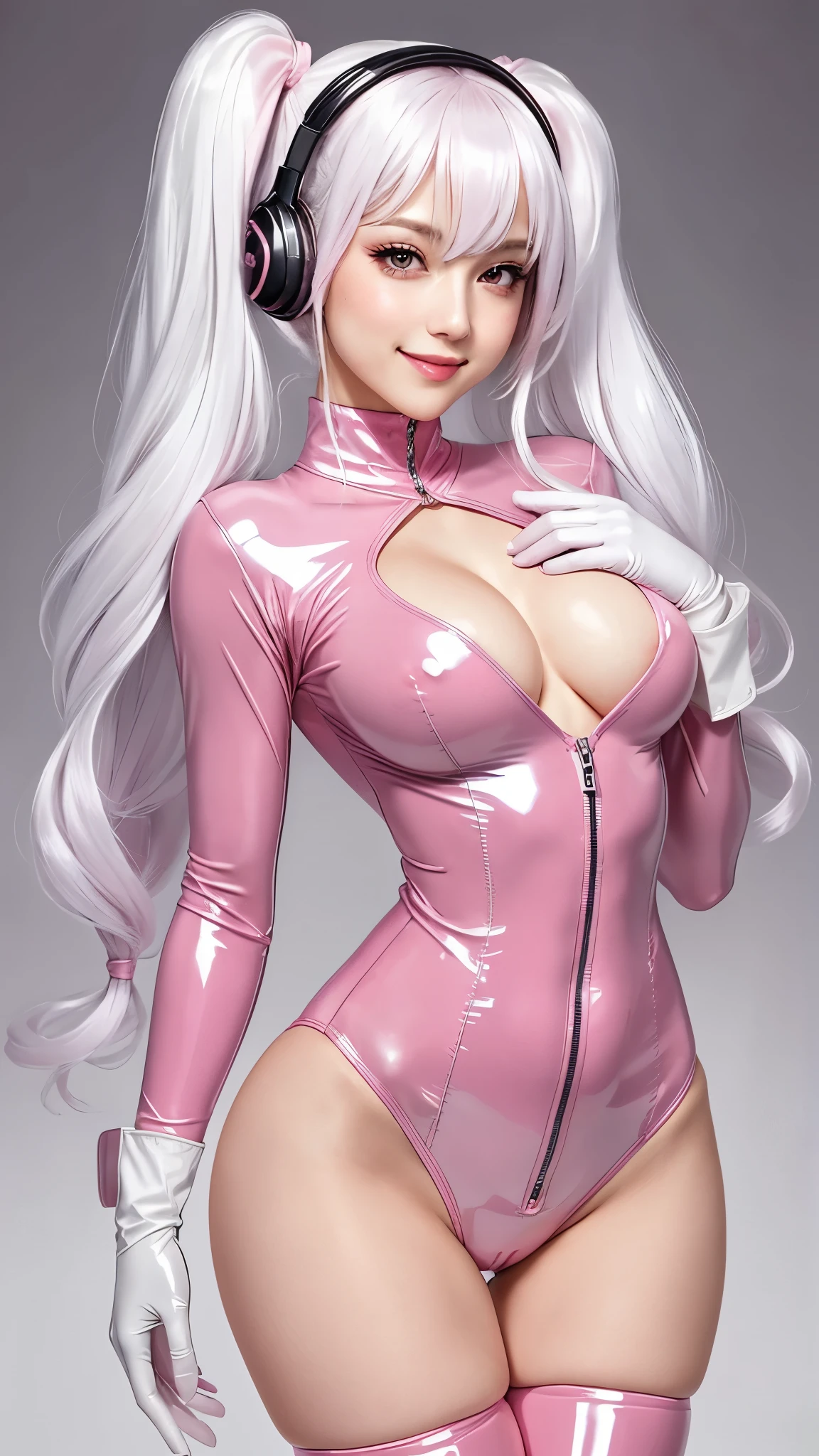{{{masterpiece, best quality, illustration,game_cg}}}, 1girl, latex bodysuit,pink bodysuit, carved bodysuit, {{{breasts out}}}, pink nipples, headphones, twintails, shiny clothes, full body, bangs, long pink twintails, blush, gloves, impossible clothes, latex, latex bodysuit, short jacket, skin tight, shrug \(clothing\), medium breasts, slim waist, perfect body, slim legs, long sleeves, looking at viewer, pink eyes, simple background, skin tight, smile, solo, posing, very long hair, white gloves, white hair
