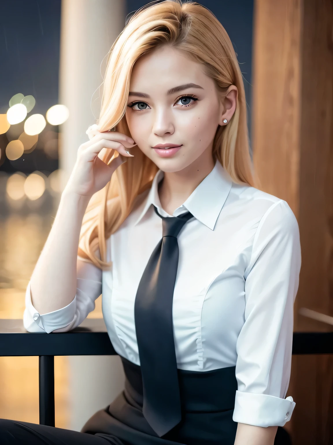 8K, best quality, masterpiece: 1.2) , super details, 1 girl, blonde, medium-length hair, cute, independent, beautiful details sky, details cafe, night, sit down, date, (nose red) , sweet smile, (Smile: 1.15) , (shut up) medium breasts, small beautiful details eyes, Turkish, (collar shirt: 1.1) , black and white business attire, night, wet, business dress, rain, flowing hair, NovaFrog style, cat,