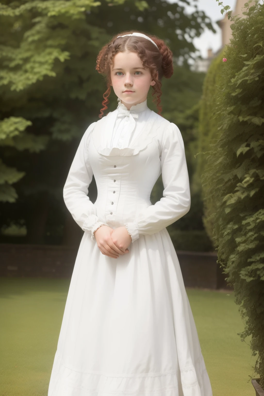 London, 1895. A ((((-yeld)) ma Doyle)), in the gardens of a boarding school for ladies. ((((white from the 19th century)))), ((wild curly red hairstyle from the 1890s))