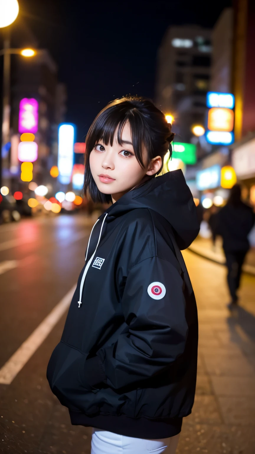 Best-quality, Masterpiece, Ultra-High-Resolution, (Photorealistic:1.4), Raw-Photo, (A lesbian couple, 18-years-old girl and 25-years-old woman), Late at night, In the middle of winter, At Hiroshima's entertainment distric, (The 18-year-old girl, the most famous Japanese idol, (wearing down jacket and hoodie), (extremely beautiful black-short-cut-haired), extremely cute face like the most popular Japanese idol, ((extremely beautiful big-black-eyes))), 
(The 25-year-old woman, the most famous Japanese actress, (wearing expensive-coat and business suit), (extremely beautiful brown-long-haired), extremely beautiful face like the most popular Japanese actress, ((extremely beautiful big-solid-circle-eyes))), 
