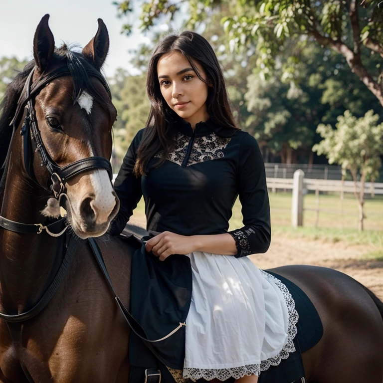 beautiful girl with a confident expression on her face,high contrast, dynamic composition, captivating gaze, thin smile,Serene and peaceful background, Subtle touches, Delicate lace accents, realistic rendering, Strong emotion, feminine charm,Instagram ,she poses in riding clothes on a black horse