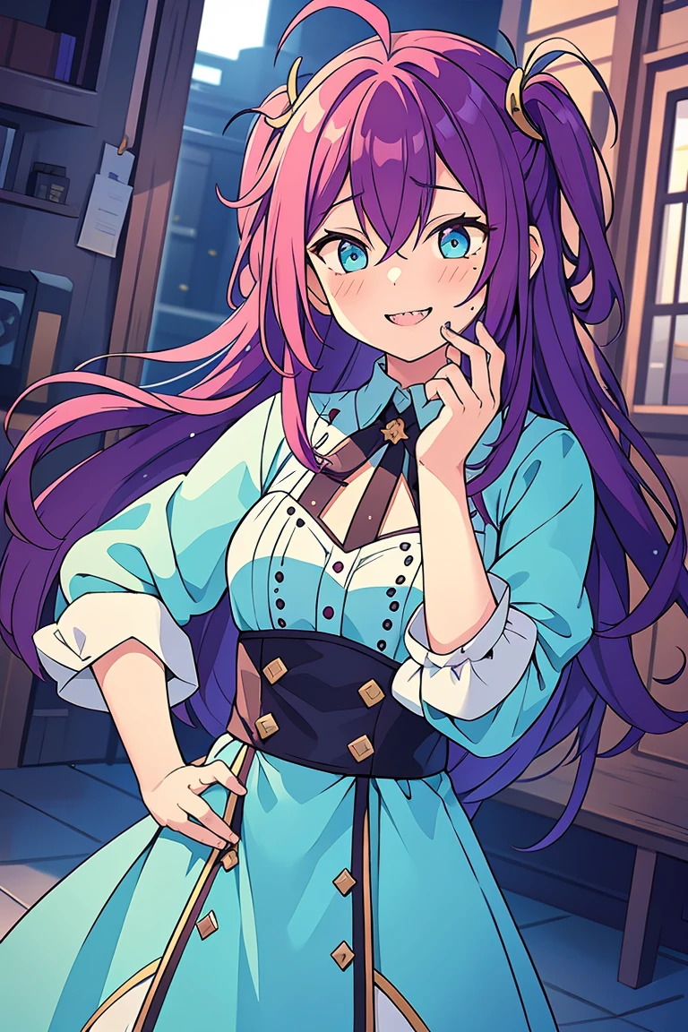 long hair, mole under mouth, purple hair, two side up hair, hair between eyes, aqua eyes, sharp teeth, ahoge, 1girl, blush, smile, cowboy shot, , young girl