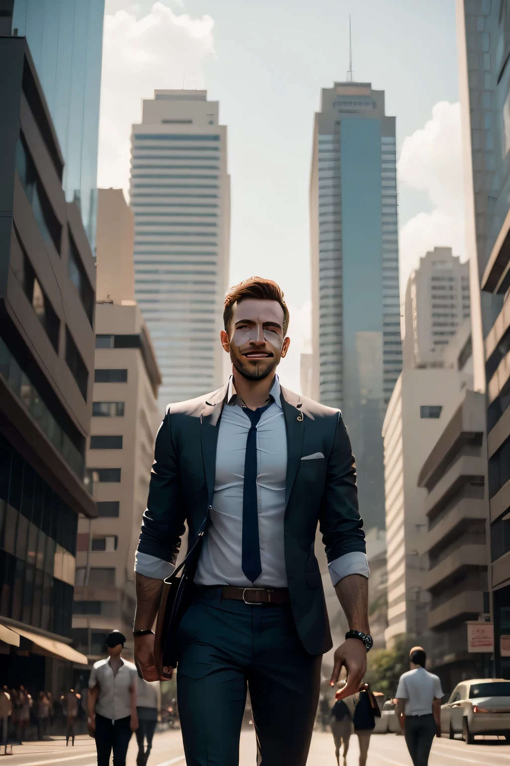 Homem branco, FORTE, com roupa social, without jacket and tie, Camisa social, sorrindo, mangas dobradas, conversando com uma mulher , em avenida grande, muitas pessoas, post-apocalyptic movie scene walking down a wide avenue, tall buildings holding social executive folder