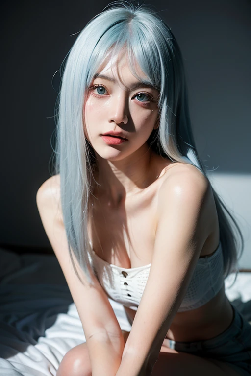 A cute girl, naive look who has between, a body developed, long light blue pastel hair with gradient white tips and 2 white strands and large light blue eyes