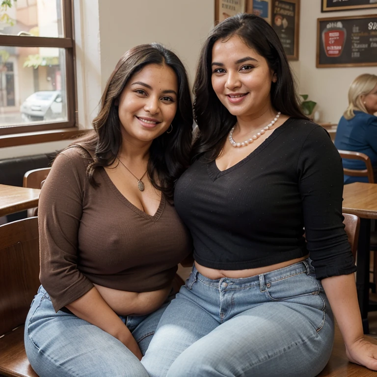 Chubby fat thic bbw indian mature (70 years old) woman, long black hair,chubby belly, wearing blues jeans and red blouse v-neck, Pearl necklace, sitting in the coffee shop, with Blonde mature woman, laughing, smiley expression,