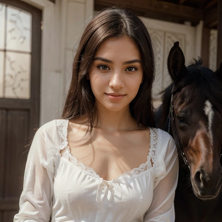 beautiful girl with a confident expression on her face,high contrast, dynamic composition, thin smile,Serene and peaceful background, Subtle touches, Delicate lace accents, realistic rendering, Strong emotion, feminine charm,Instagram ,she poses in riding clothes on a black horse