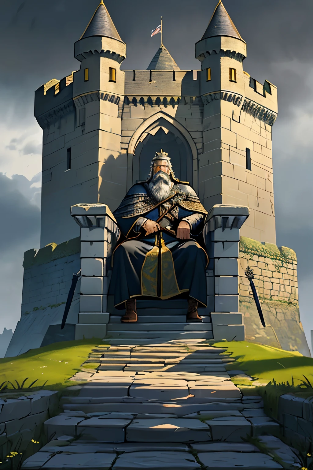 Majestic and Ancient Castle: A Fortress Guarded by Many, Ruled by One (Best Quality, 4k, 8K, High Resolution, Masterpiece: 1.2)

The old castle stands tall against the backdrop of a stormy sky, its gray stone walls weathered by time. Guards clad in chainmail armor patrol the ramparts, their swords at the ready. Torches flicker in the towers, casting long shadows on the moat below.

In the heart of the castle, the king sits on his throne, a regal figure with a crown of gold and a beard that reaches down to his waist. His eyes, sharp and cold,