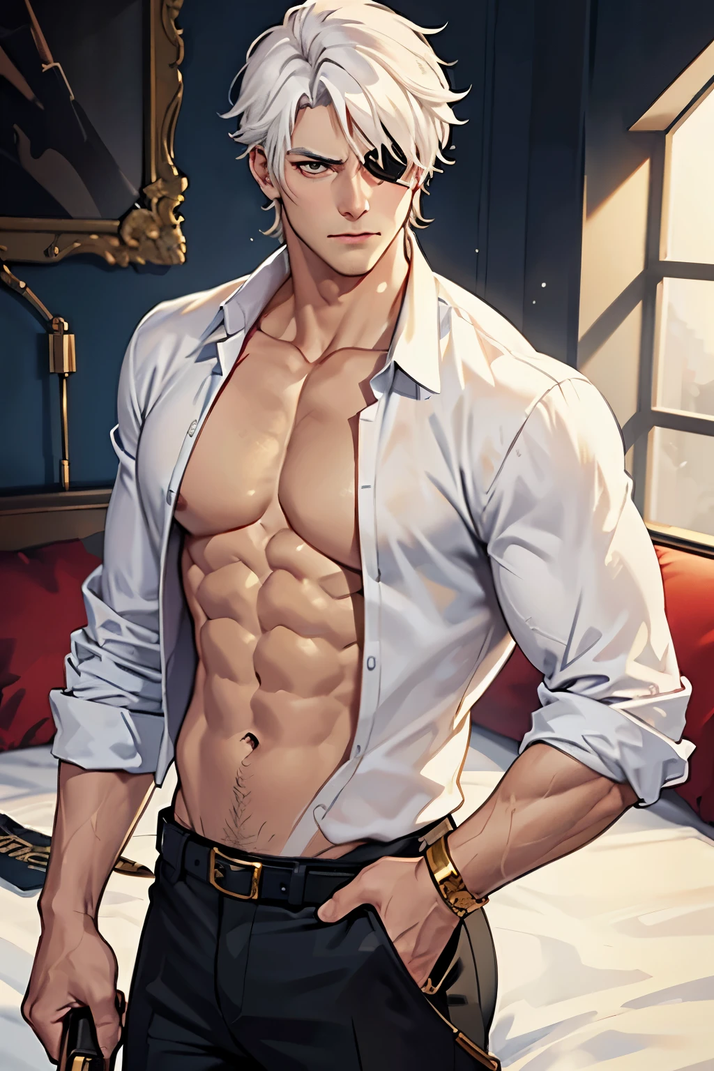 1 man, mature, white hair, serious expression, eyepatch on left eye, ((no shirt)), on the bed, ((holding a golden pistol))
