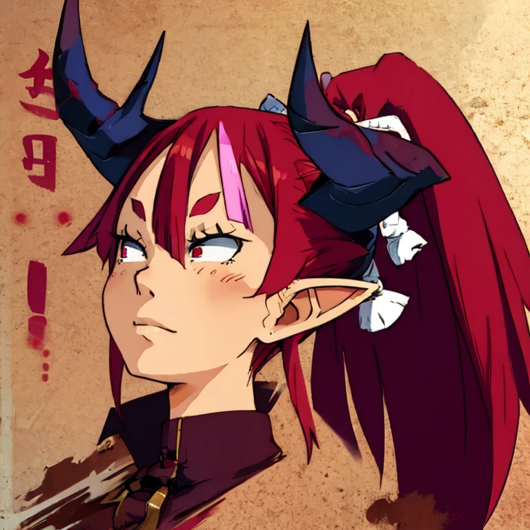 Higan, long red hair with pink bang, pointy ears, horns, ponytail, red eyes