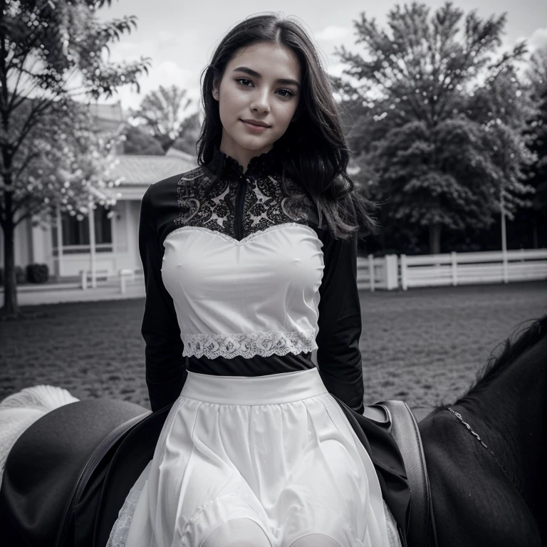 beautiful girl with a confident expression on her face,high contrast, dynamic composition, thin smile,Serene and peaceful background,  Subtle touches, Delicate lace accents, realistic rendering, Strong emotion, feminine charm,Instagram ,she poses in riding clothes on a black horse