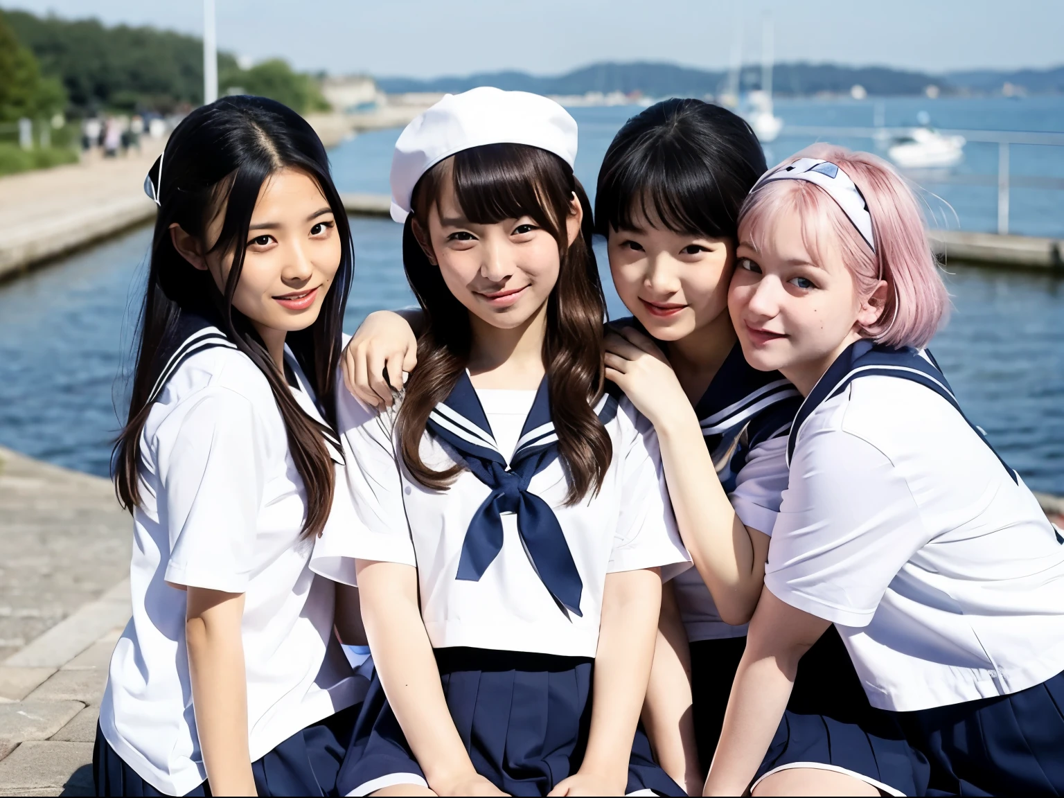 Five girls wearing JK sailor uniforms,they sit together,Everyone has different colored hair