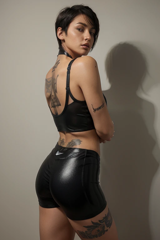 full body back shot of slim short haired tattooed girl in wetlook nike spandex