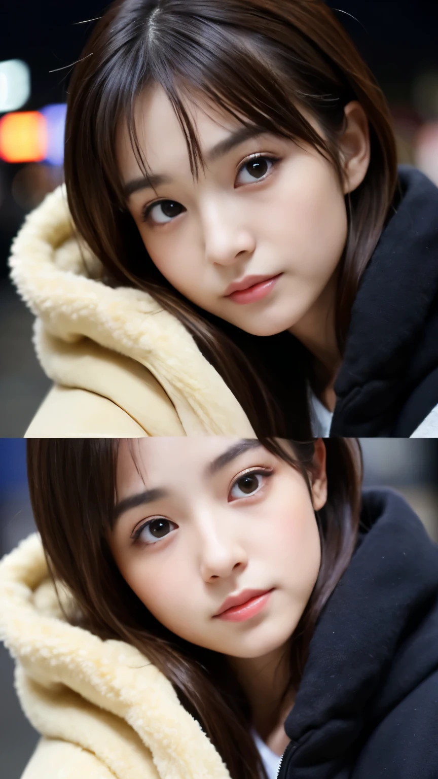 Best-quality, Masterpiece, Ultra-High-Resolution, (Photorealistic:1.4), Raw-Photo, (A lesbian couple, 18-years-old girl and 25-years-old woman), Late at night, In the middle of winter, At Hiroshima's entertainment distric, (The 18-year-old girl, the most famous Japanese idol, (wearing down jacket and hoodie), (extremely beautiful black-short-cut-haired), extremely cute face like the most popular Japanese idol, ((extremely beautiful big-black-eyes)), extremely beautiful lips, extremely beautiful skins, extremely beautiful long-eyelashes),
(The 25-year-old woman, the most famous Japanese actress, (wearing expensive-coat and business suit), (extremely beautiful brown-long-haired), extremely beautiful face like the most popular Japanese actress, ((extremely beautiful big-solid-circle-eyes)), extremely beautiful skins, extremely beautiful lips, extremely beautiful long-eyelashes), innocent smile, completely-drunk, high-on