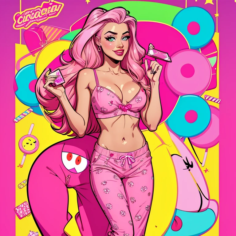 Criação de personagem. girl dressing sexy pijamas, with candy and sweets. Candy colors, neon colors, pink. Naughty smile. Calcinha pink. Lilly Reinhardt, Sabrina Carpenter. Amber Heard. Ilustration, cartoon, cute girls. Lineart
