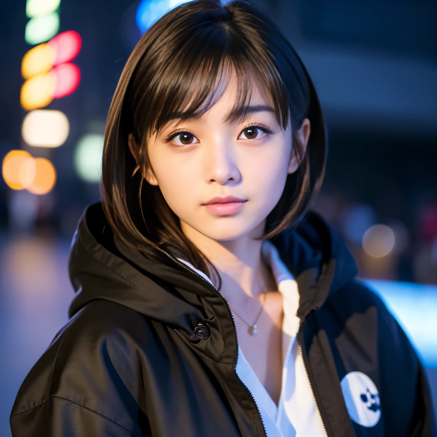 Best-quality, Masterpiece, Ultra-High-Resolution, (Photorealistic:1.4), Raw-Photo, (A lesbian couple, 18-years-old girl and 25-years-old woman), Late at night, In the middle of winter, At Hiroshima's entertainment distric, (The 18-year-old girl, the most famous Japanese idol, (wearing down jacket and hoodie), (extremely beautiful black-short-cut-haired), extremely cute face like the most popular Japanese idol, ((extremely beautiful big-black-eyes)), extremely beautiful lips, extremely beautiful skins, extremely beautiful long-eyelashes), 
(The 25-year-old woman, the most famous Japanese actress, (wearing expensive-coat and business suit), (extremely beautiful brown-long-haired), extremely beautiful face like the most popular Japanese actress, ((extremely beautiful big-solid-circle-eyes)), extremely beautiful skins, extremely beautiful lips, extremely beautiful long-eyelashes), innocent smile, completely-drunk, high-on