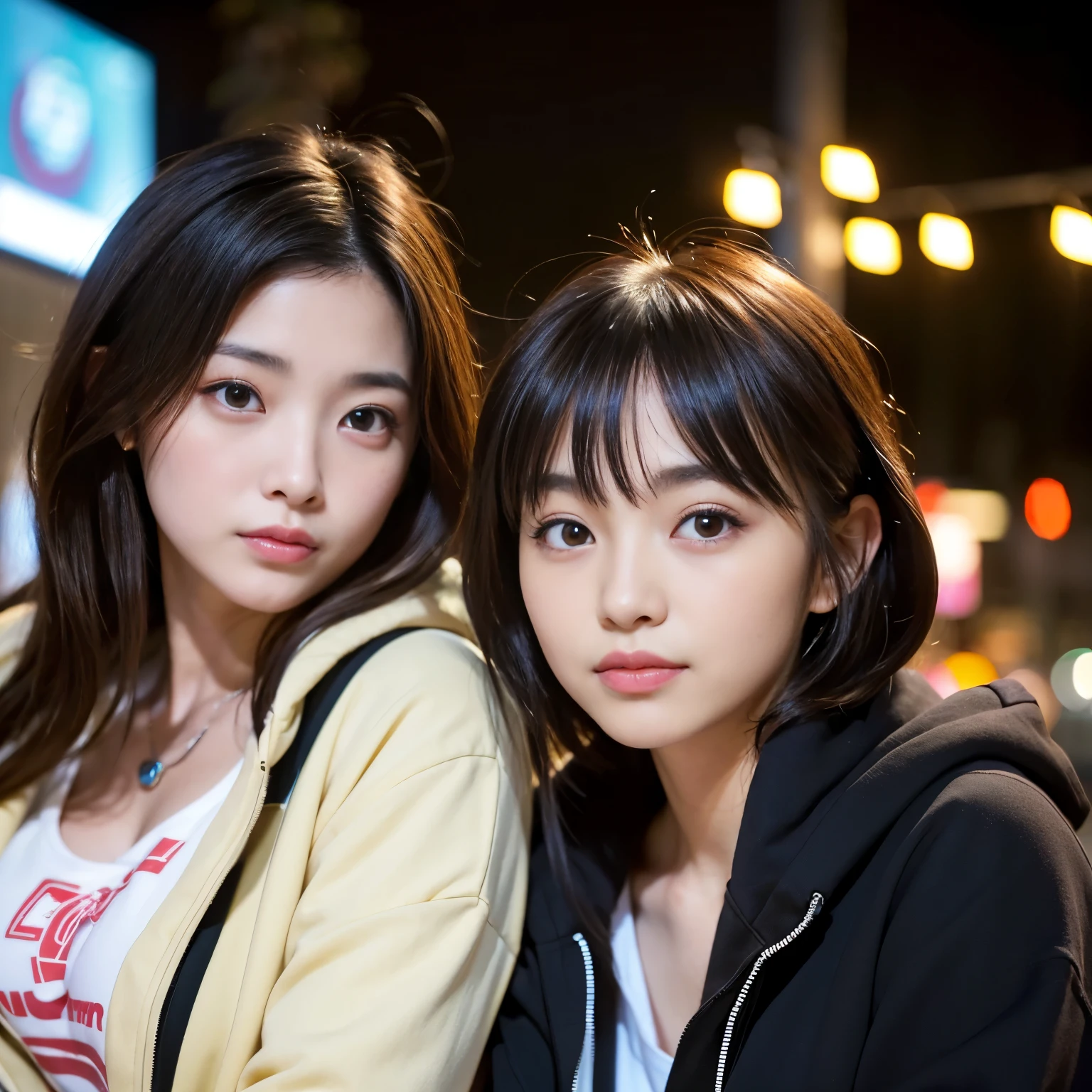 Best-quality, Masterpiece, Ultra-High-Resolution, (Photorealistic:1.4), Raw-Photo, (A lesbian couple, 18-years-old girl and 25-years-old woman), Late at night, In the middle of winter, At Hiroshima's entertainment distric, (The 18-year-old girl, the most famous Japanese idol, (wearing down jacket and hoodie), (extremely beautiful black-short-cut-haired), extremely cute face like the most popular Japanese idol, ((extremely beautiful big-black-eyes)), extremely beautiful lips, extremely beautiful skins, extremely beautiful long-eyelashes),
(The 25-year-old woman, the most famous Japanese actress, (wearing expensive-coat and business suit), (extremely beautiful brown-long-haired), extremely beautiful face like the most popular Japanese actress, ((extremely beautiful big-solid-circle-eyes)), extremely beautiful skins, extremely beautiful lips, extremely beautiful long-eyelashes), innocent smile, completely-drunk, high-on