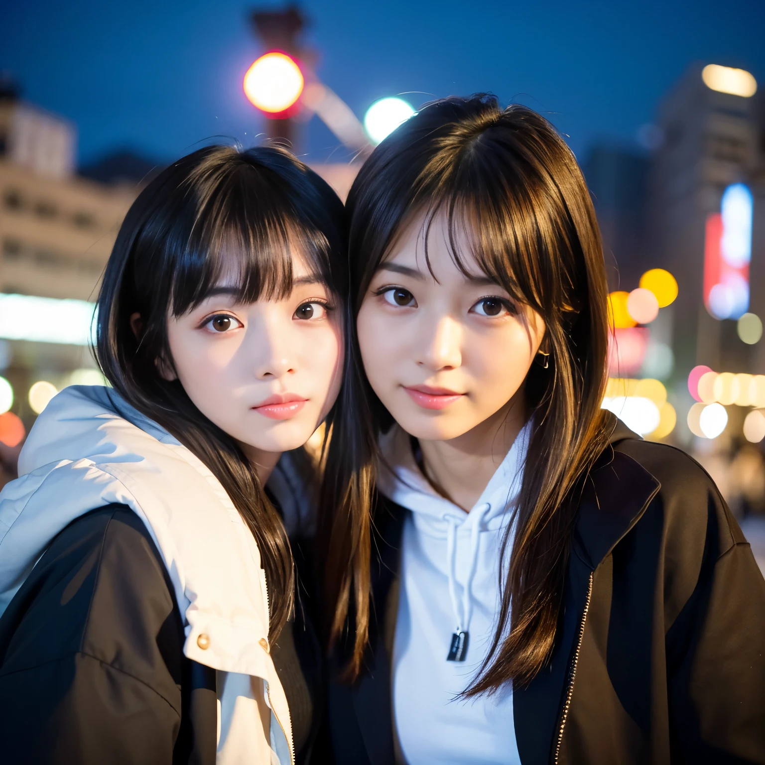 Best-quality, Masterpiece, Ultra-High-Resolution, (Photorealistic:1.4), Raw-Photo, (A lesbian couple, 18-years-old girl and 25-years-old woman), Late at night, In the middle of winter, At Hiroshima's entertainment distric, (The 18-year-old girl, the most famous Japanese idol, (wearing down jacket and hoodie), (extremely beautiful black-short-cut-haired), extremely cute face like the most popular Japanese idol, ((extremely beautiful big-black-eyes)), extremely beautiful lips, extremely beautiful skins, extremely beautiful long-eyelashes),
(The 25-year-old woman, the most famous Japanese actress, (wearing expensive-coat and business suit), (extremely beautiful brown-long-haired), extremely beautiful face like the most popular Japanese actress, ((extremely beautiful big-solid-circle-eyes)), extremely beautiful skins, extremely beautiful lips, extremely beautiful long-eyelashes), innocent smile, completely-drunk, high-on