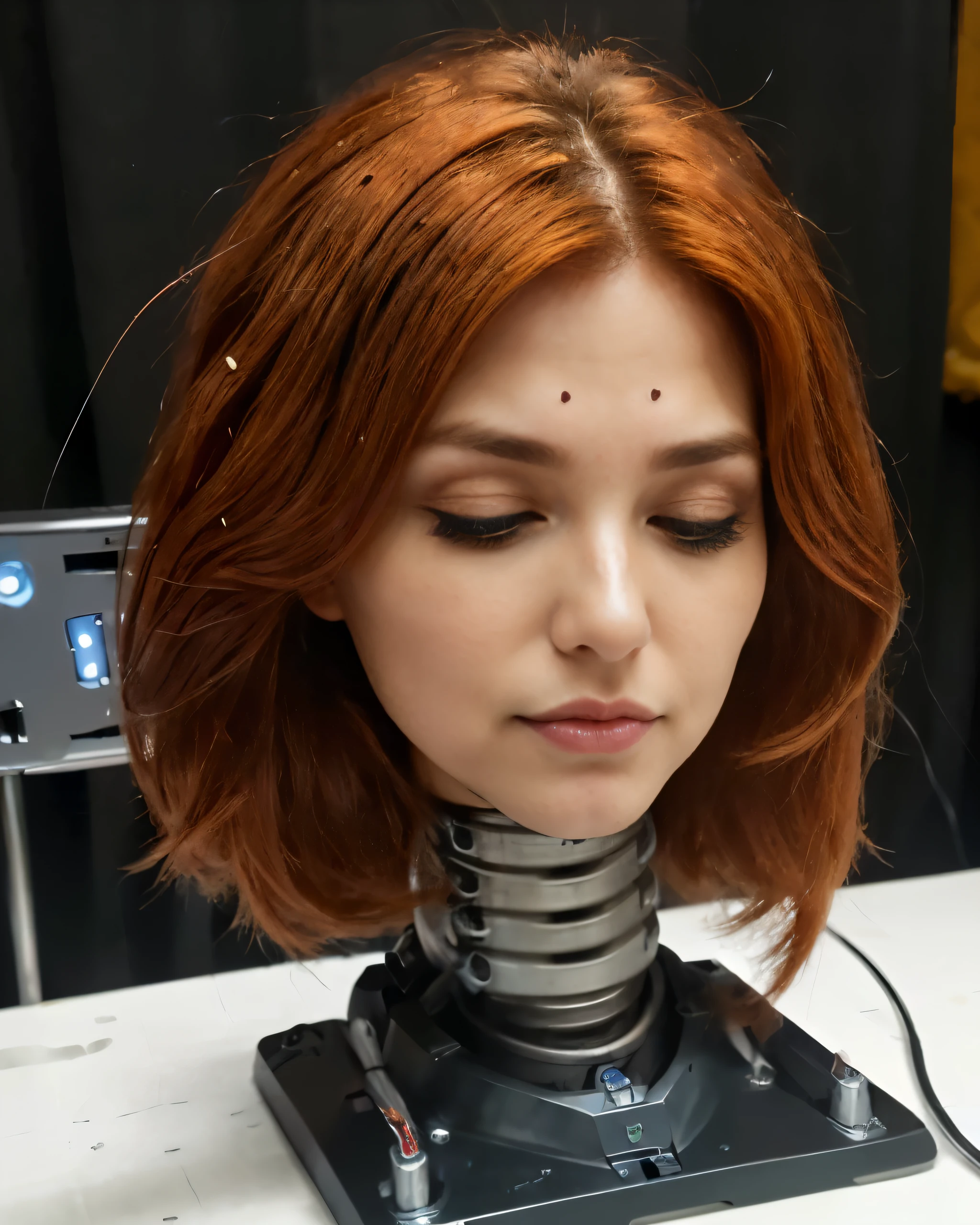 ((disembodied head on robotic stand, wires, on work table)), beautiful woman, wires, highly detailed skin, auburn hair, wearing makeup, (eyes closed), (realistic), close up, realistic soft lighting, (best image, best quality)