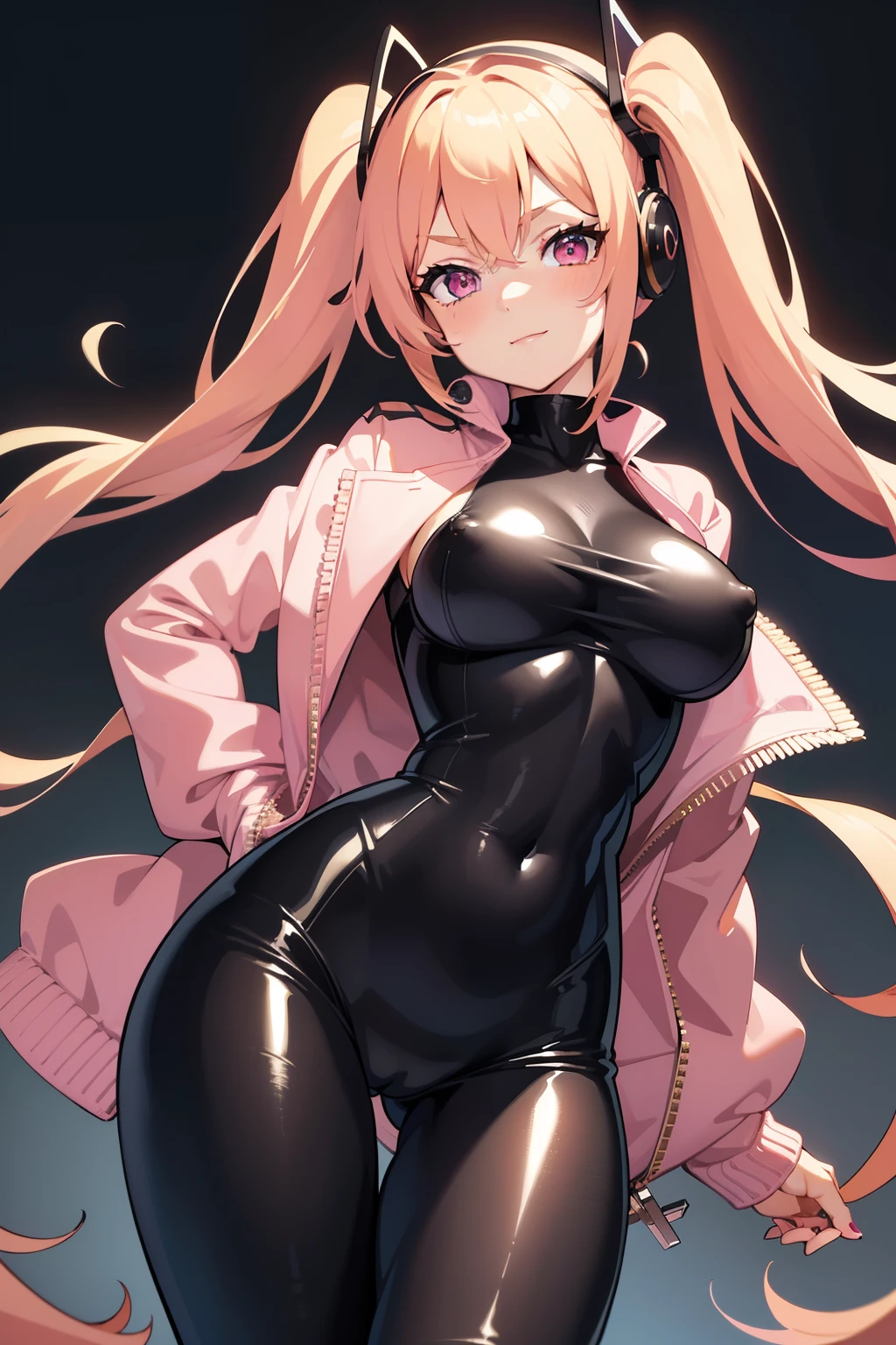 {{masterpiece, best quality, illustration, game_cg}} featuring a solo girl in a latex bodysuit, her pink nipples peeking through the suit's openings, wearing headphones and flaunting twintails that shone as bright as her blush. Her long, pink twintails flowed down, framing her slim waist and perfect body with long sleeves and slim legs. The impossible clothes clung to her body, highlights her medium breasts and shrug-on short jacket. Her pink eyes sparkled as she looked directly at the viewer, her expression full of confidence and a slight smirk. The simple background emphasized the bright colors and shiny textures of her attire
