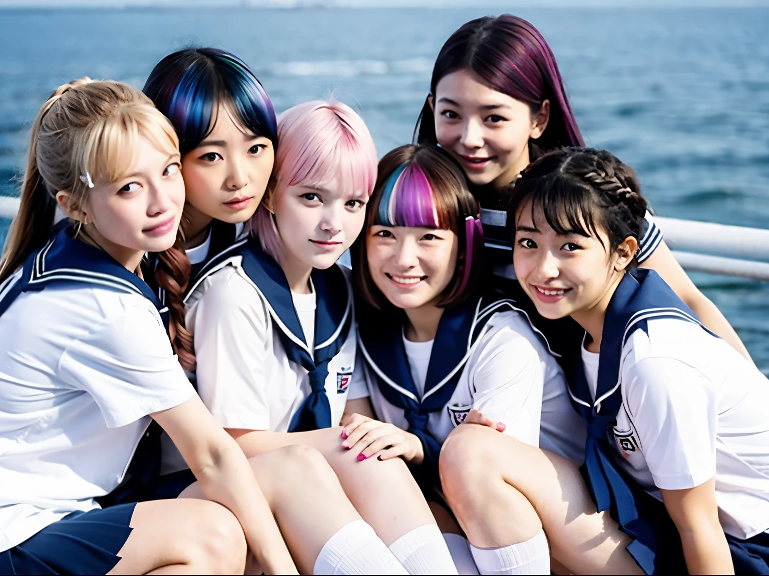Five girls wearing JK sailor uniforms,they sit together,Everyone has different colored hair