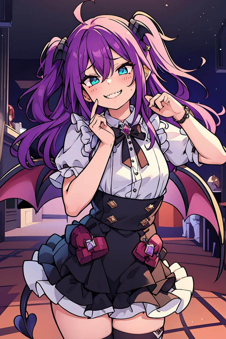 long hair, mole under mouth, purple hair, two side up hair, hair between eyes, aqua eyes, sharp teeth, ahoge, 1girl, blush, smile, cowboy shot, devil, demon, horns, demon wings, demon tail