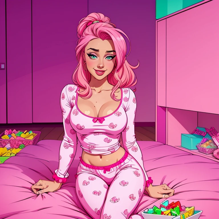 . girl dressing sexy pijamas, with candy and sweets. Candy colors, neon colors, pink. Naughty smile. Calcinha pink. Lilly Reinhardt, Sabrina Carpenter. Amber Heard. Ilustration, cartoon, cute girl. Lineart 