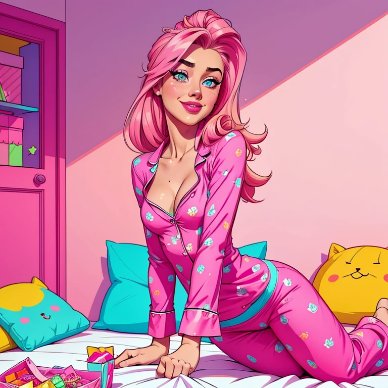 . girl dressing sexy pijamas, with candy and sweets. Candy colors, neon colors, pink. Naughty smile. Calcinha pink. Lilly Reinhardt, Sabrina Carpenter. Amber Heard. Ilustration, cartoon, cute girl. Lineart 