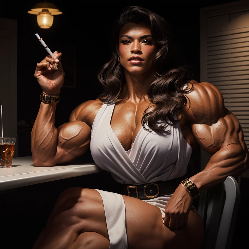 arafed woman sitting at a table with a cigarette in her hand topless, ((topless)), massive muscles, large muscles, feminine and muscular, huge muscles, big biceps, muscular girl, big muscles, bodybuilding woman, very beautiful. big muscles, muscular ultraviolent woman, steroids, big arms, exaggerated muscle physique, strong woman, extreme muscles, muscular warrior women, exaggerated physique