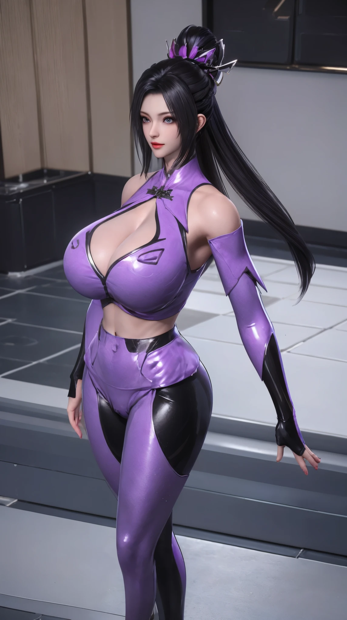 1GIRL,SOLO,UPPER BODY, ((BEAUTY BLACK HAIR)), (GIGANTIC FAKE BREAST:1.5), ((CLEAVAGE:1.5)), (MUSCLE ABS:1.3), (LED PURPLE WHITE SHINY FUTURISTIC MECHA CYBER CROP TOP, BLACK MECHA SKINTIGHT LEGGINGS:1.5), (BUSTY PERFECT BODY MATURE WOMAN, SWEATY BUSTY BODY:1.2), (LOOKING AT VIEWER:1.3), (female focus:0.8), (HALLROOM OF FUTURISTIC SPACE STATION:1), (BRIGHT LIGHT WHITE_ROOM:1.3), HYPER TEXTURE, (4X MSAA), ((UNREAL ENGINE 5 RENDER)), PHYSICALLY-BASED RENDERING, ULTRA HIGHT DEFINITION, 16K, 1080P.