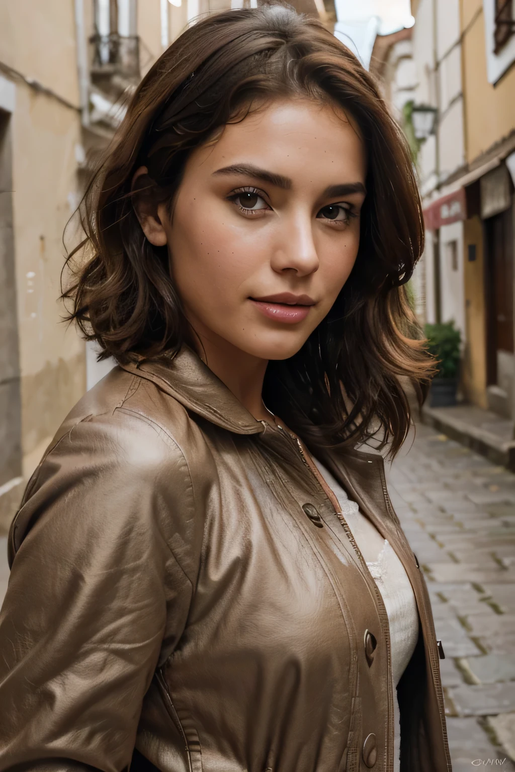 Breathtaking cinematic photo of a 25 year old girl with brown hair and brown eyes, happy, cheerful expression, closed mouth, beautiful lips, intricate details, shallow depth of field, highly detailed, high budget, epic Hollywood film, gorgeous, masterpiece, award-winning, professional, highly detailed, detailed skin texture, (blush: 0.5), (goosebumps: 0.5). (the most beautiful woman in the world) (brown hair) (short curly hair, wild hair, stylish cut) thin face, thin nose, beautiful, very beautiful, perfect face, slender body (slender), (brown hair) (brown eyes ) (white skin) Beautiful body, western face, predatory eyes, pink lips, thick thighs. full body, western beauty, thin nose, beautiful, perfect, ((best quality)), ((ultra resolution)), ((photorealistic: 1.4)), (intricate details), perfect face, makeup: 1.5 , clear face, facial details. The travel model stands in the historic Ribeira district of Porto, embracing the winter atmosphere. Dressed in a stylish winter coat and boots, her breath visible in the crisp air, she enjoys the vibrant colors of the buildings along the Douro River under the partly cloudy sky.