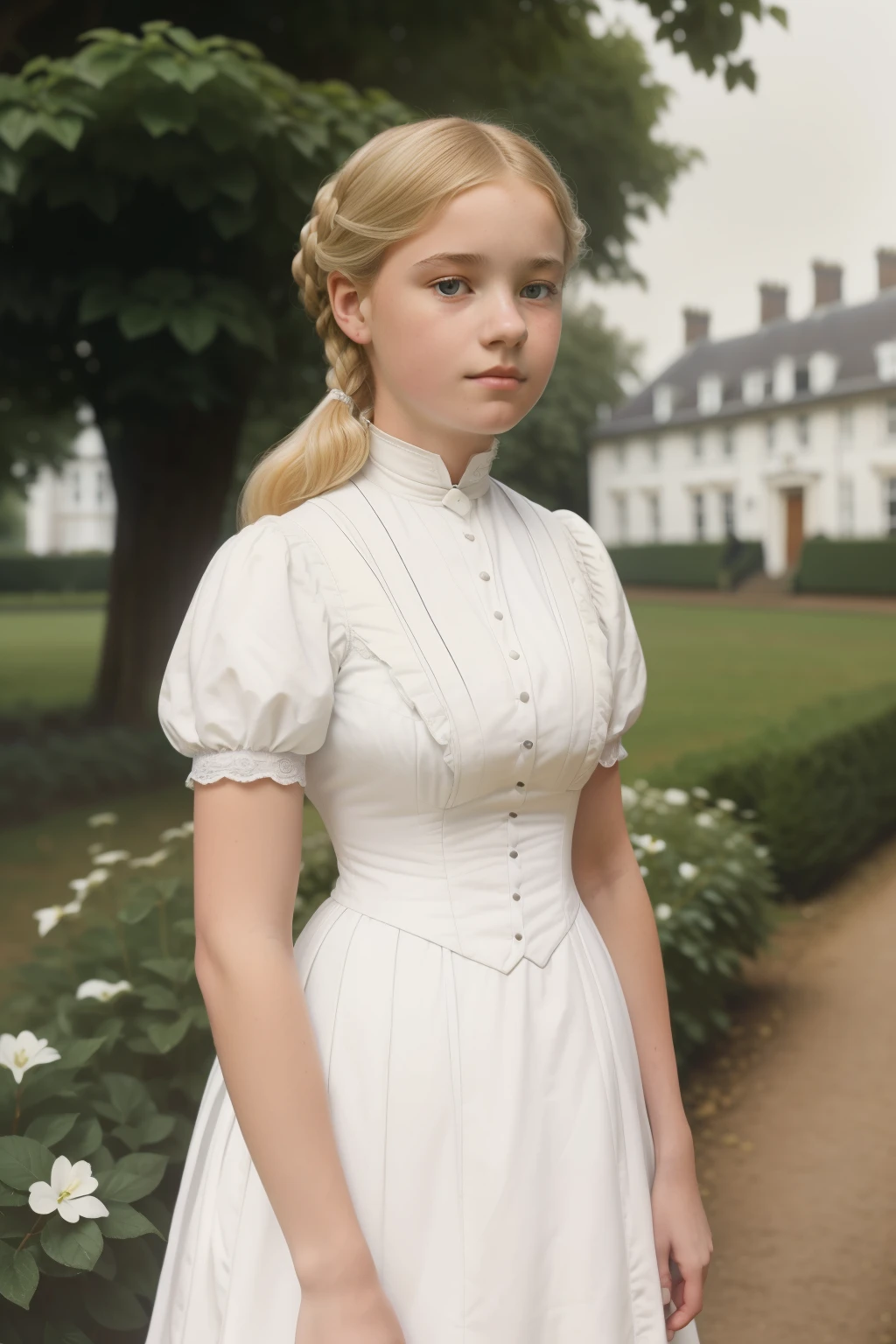 London, 1895. A ((((15-year-old)) Felicity Worthington)), cold and intelligent look, in the gardens of a boarding school for ladies. ((((white from the 19th century)))), ((blonde hairstyle from the 1890s))