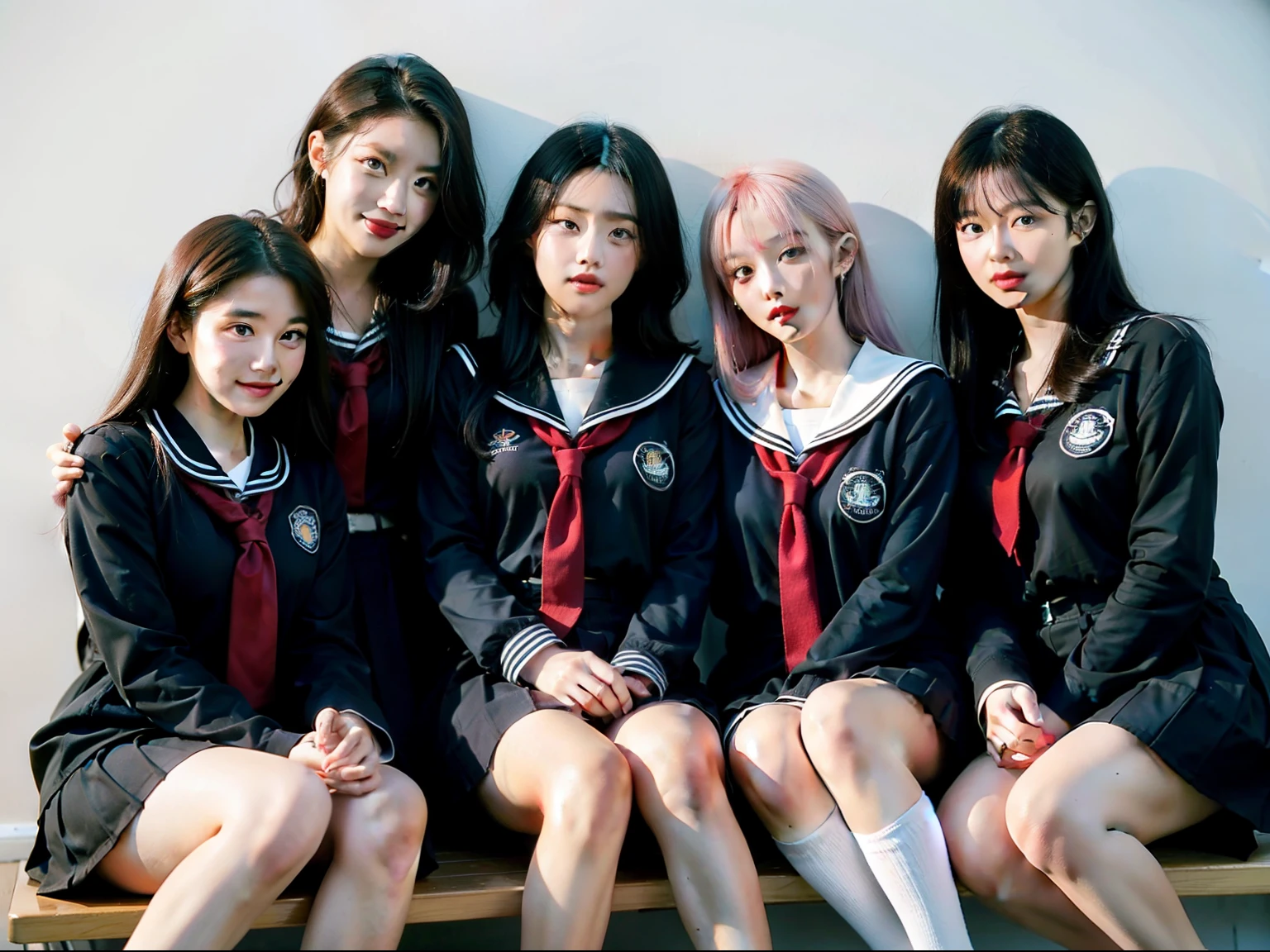 Five girls wearing JK sailor uniforms,they sit together,Everyone has different colored hair