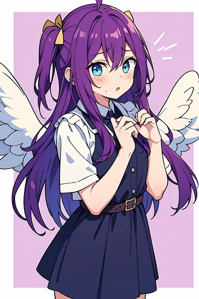 long hair, mole under mouth, purple hair, two side up hair, hair between eyes, aqua eyes, ahoge, 1girl, blush, :o, cowboy shot, angel wings
