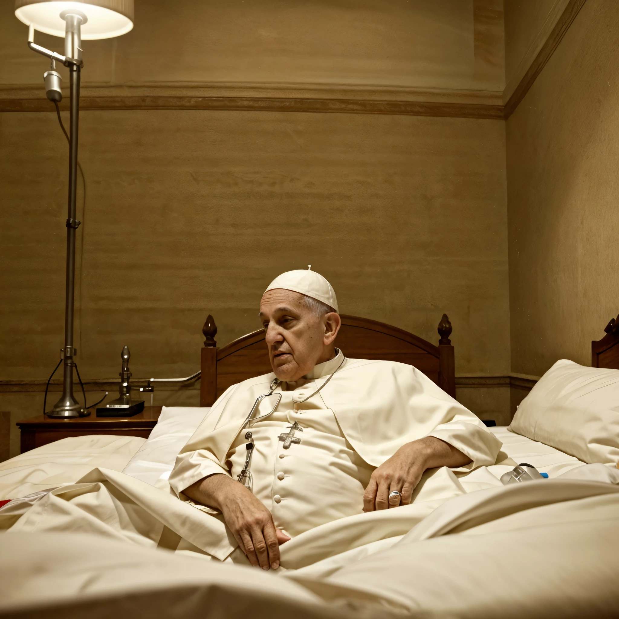 very old and wise PopeFra Pope Francis laying on a bed in an hospital room with drip inserted into arm. (old Pope), (busy and worried doctors in blur background). Photorealistic and detailed shot, wide-angle.