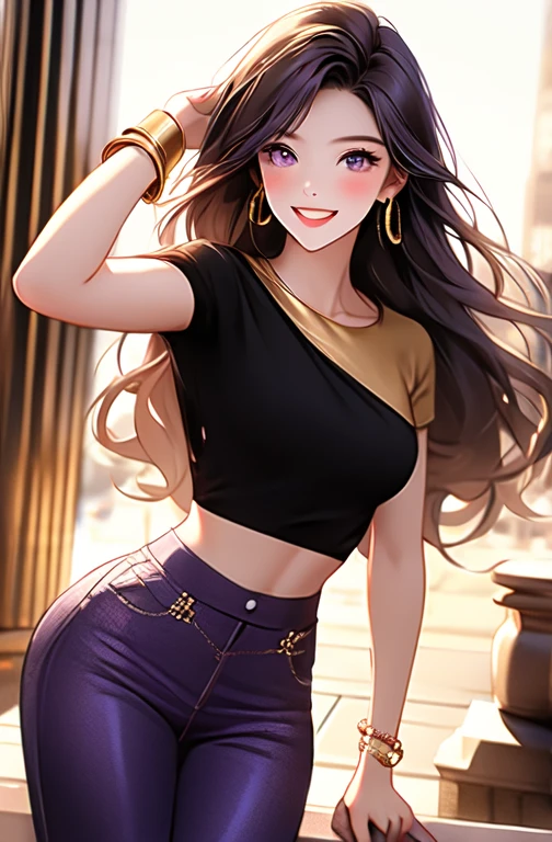 masterpiece, 8k, best quality, 1 woman, beautiful violet long hair, pretty amethyst eyes, dynamic pose, natural lighting, ( colored top: 1.3| white top), (tight skirt 1.3|leather pants: 0.9), ( gold bracelet: 1.3| watch), ( natural background:0.9|cityscape), (smiling 0.9|happy expression), (light in the hair) 