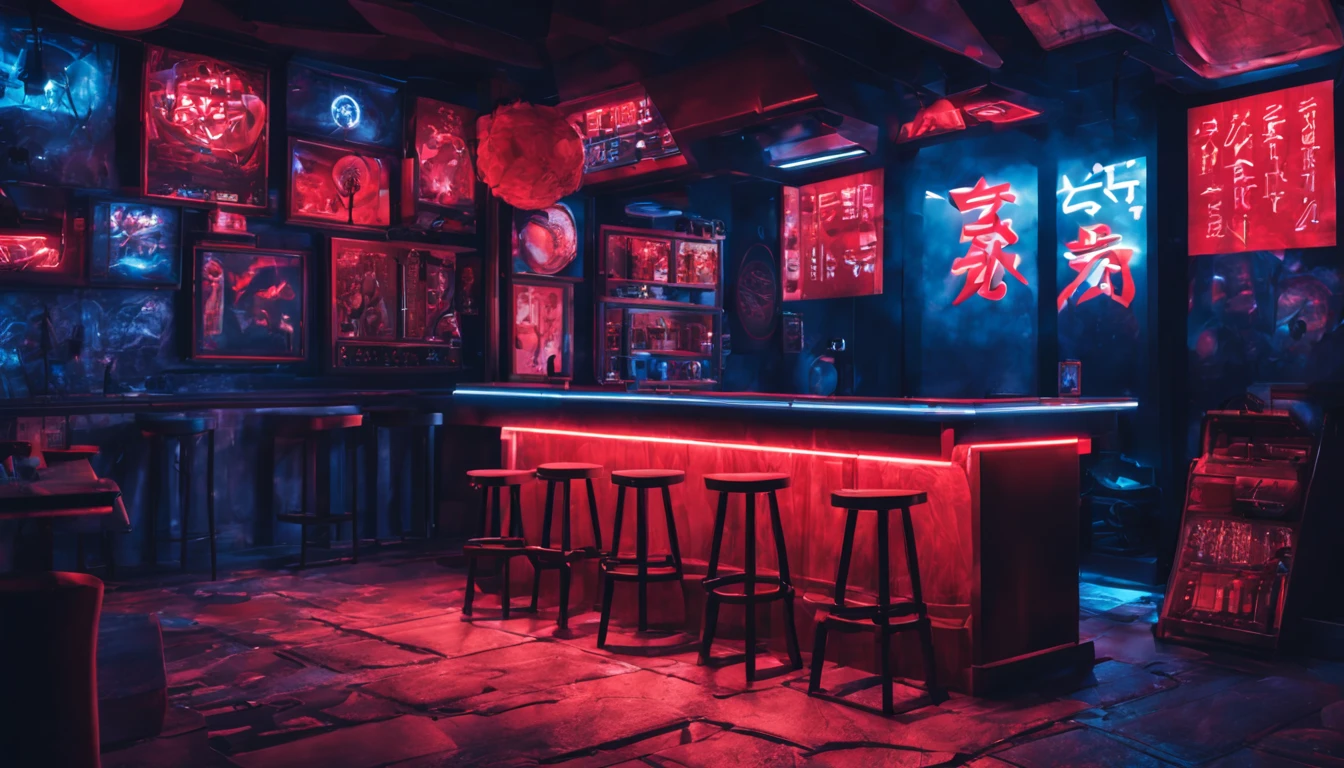 Modern Japanese empty rock bar. Lot of details, graphs and sticker on the walls. Blue and red lights cinematic atmosphere.