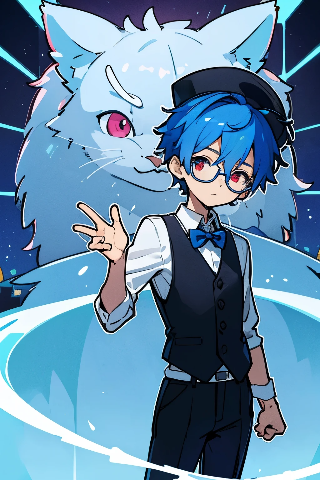 A cartoon style boy with blue messy hair, catlike face, blue suit with black vest, holographic alien trendy hat, white round glasses and red eyes