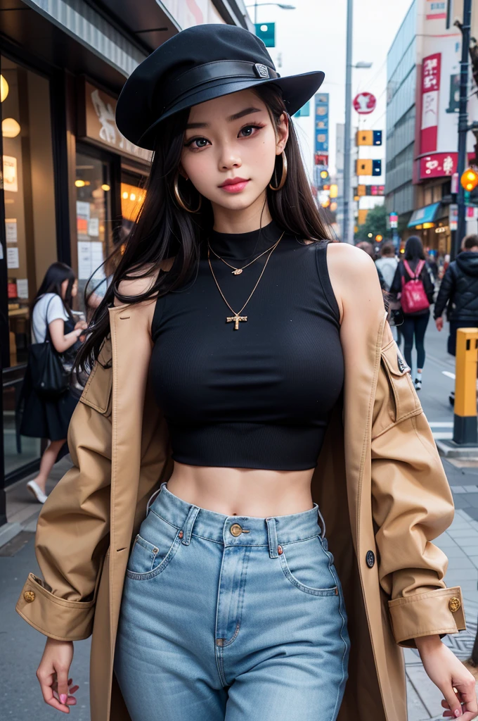 （３２K,high-detail,high detal,hight resolution,highdensity,独奏：1.3）,（Realistic people,Live action,A detailed eye,High resolution eyes,Fine eyes,Eyes that look like they are alive,beautiful dark blue eyes,Fishing eyes,Detailed lips,Crystal clear white skin,detailed realistic faces：1.3）,（Japanese ido,Korean Idols,model in Japan,Korean models,Korean K-Pop Female Idol：1.2）,（with a flushed face,natural make up,a necklace,piercings,Navel piercing：1.4）（Cargo pants,Colorful tops with oversized silhouettes,Coat with a large silhouette,Leather boots,Hats,Mode-based beautiful eye casual：1.6）,（well-shaped breasts：1.5）,（Sexy and very beautiful koreans１6 years old ,Cool eyes,little smiling,facing back,turned around,Looking at the camera,Fashion Leader,fashion modell,Soft skin,Unforgettable eyes,Her eyes are too beautiful,I want to go to Paris Collection........,Cutting-edge fashion：1.6）,（showing your whole body,Show full-body fashion,Fashion that stands out：1.7）
