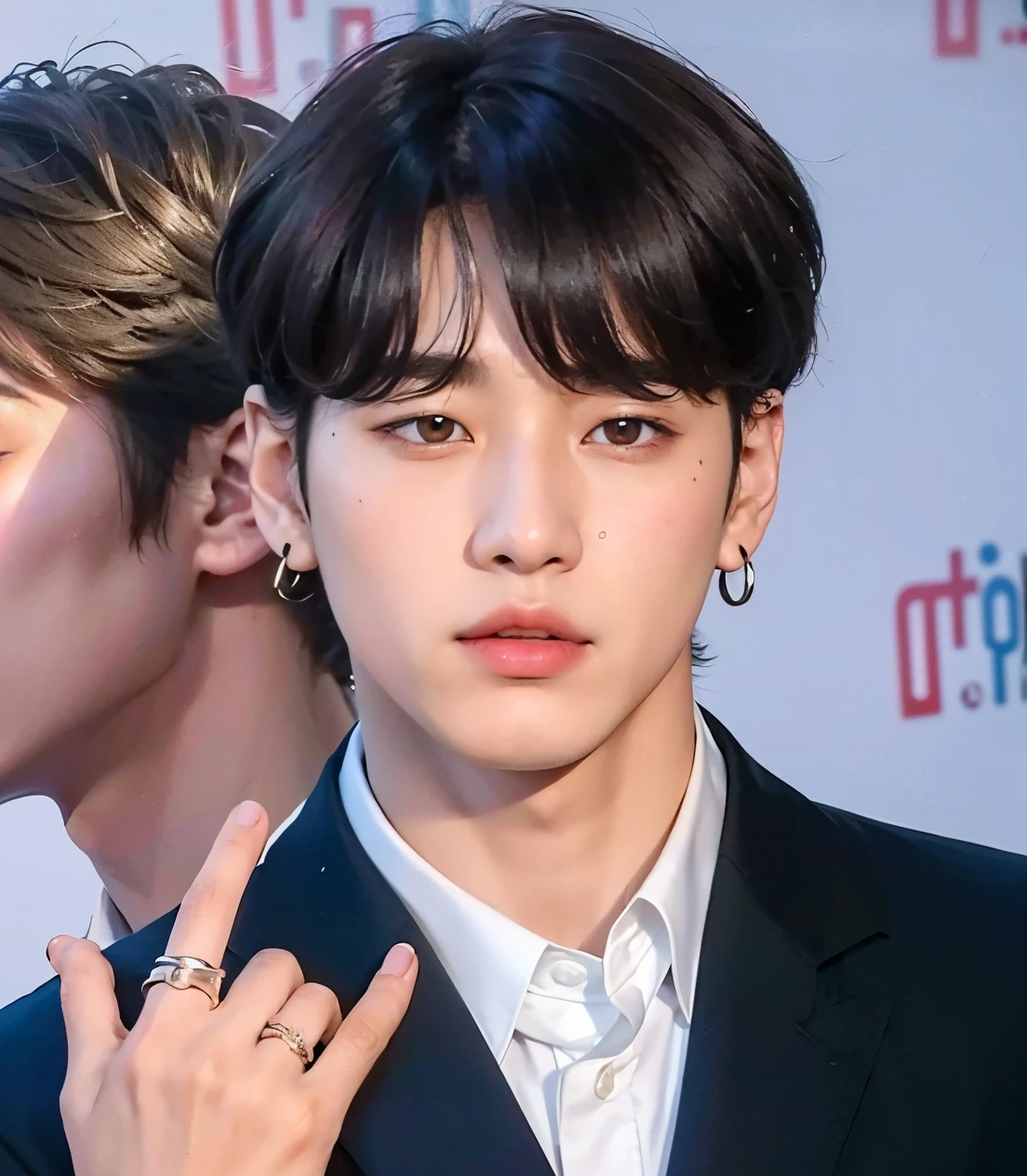 araffes of a man in a suit and tie with a ring on his finger, jungkook, cai xukun, taken in the early 2020s, jimin\'s right eyelid swollen, black haired yoongi, kim doyoung, hyung tae, taejune kim, innocent look, jinyoung shin, bts, ten lee, his eyes look wise
