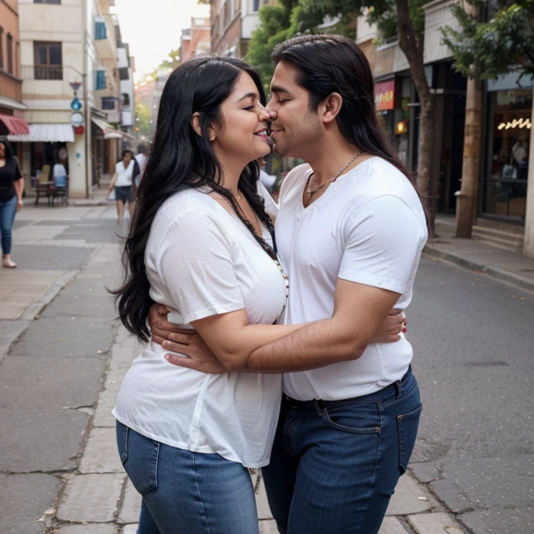 Chubby fat thic bbw indian mature (70 years old) woman, long black hair,chubby belly, wearing blues jeans and red blouse v-neck, Pearl necklace, walking in the street with boyfriend ((white man)), kissing, hugging, full body picture, smiley expression,view from the side