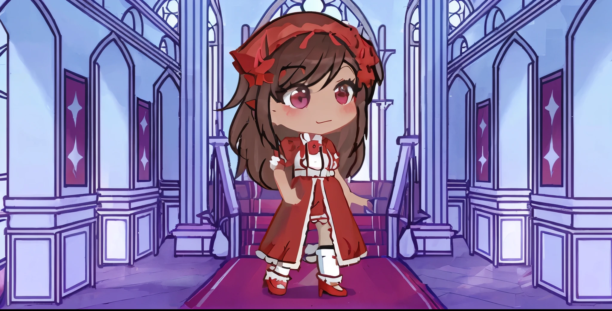 cartoon girl in red dress standing in a hall with a red carpet, my dress up darling anime, wearing fantasy formal clothing, reimu hakurei, style of maple story, chibi, fantasy outfit, crimson themed, advanced digital chibi art, chibi style, inspired gacha club game, style of magical girl, maid outfit, visual novel sprite, anime chibi