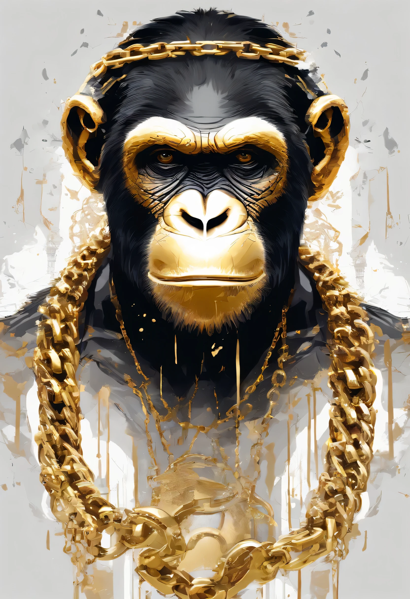 arte inicial, a chimpanzee, ((gold chains around the neck)), ((fundo branco)), ((Looking at the camera)), Olhos penetrantes, Estilo Cyberpunk, ((piercing de orelha)), estilo de respingo de tinta , hiperdetalhado, intrinsecamente detalhado, detalhes intrincados, imagem centralizada