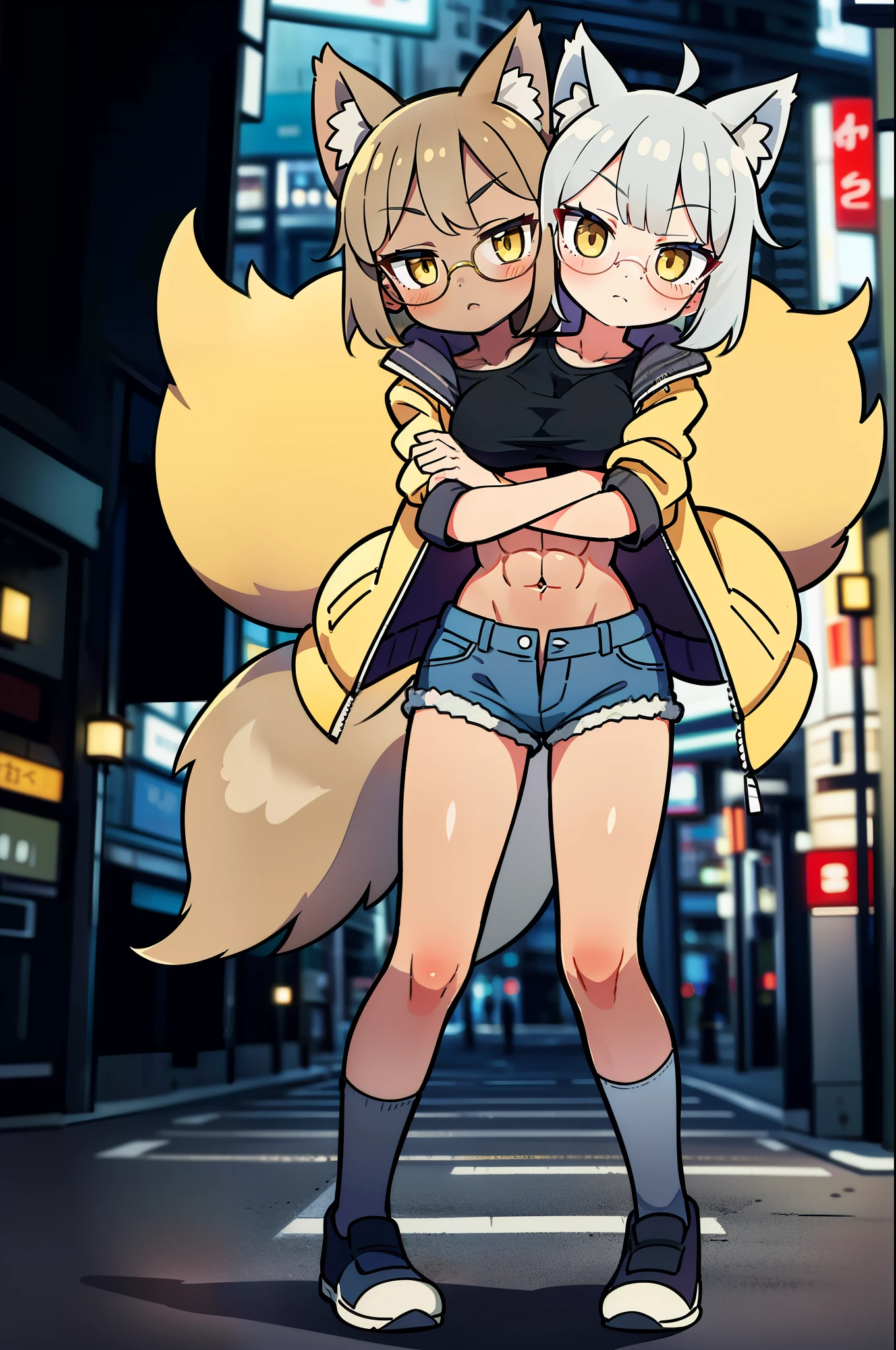 ((Best quality, masterpiece, )) (anime style, 1 fox kemonomimi, ahoge, short blonde hair, 20 years, tall perfect body), long fox ears, long fox tail, ((off shoulder black jacket, white tank top, black dolphin shorts, thong straps, white thigh highs)), yellow eyes, (colossal breasts, thick thighs, wide hips, thick ass, plump ass, sexual), perfect anotomy, super sexy, hourglass figure, outside, looking at viewer