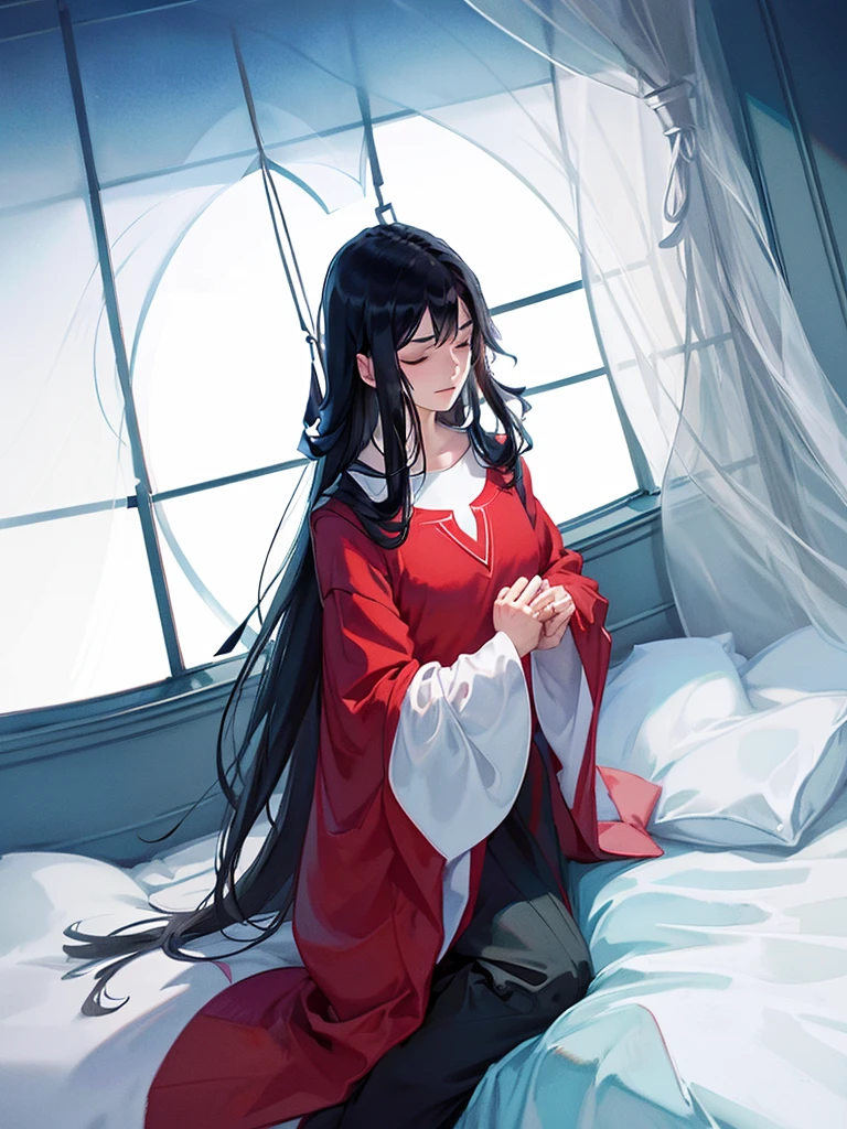 masterpiece, highest quality,Highly detailed CG Unity 8k wallpaper,
1 girl,shana,long hair,black hair,close both eyes,Red Nightgown,black string underwear,windows,romantic starry sky,A meteor crosses,sleeping in bed,night,sleep with your head on the pillow,Sleeping lying on your back in bed,dark room,night, moon,moon光,break indoors, Bedroom, break (masterpiece:1.2), highest quality, High resolution, unity 8k wallpaper, (shape:0.8), highly detailed face, perfect lighting, Very detailed CG, (perfect hands, perfect anatomy),