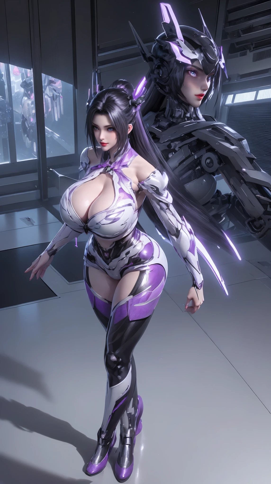 1GIRL,SOLO,UPPER BODY, ((BEAUTY BLACK HAIR)), (GIGANTIC FAKE BREAST:1.5), ((CLEAVAGE:1.5)), (MUSCLE ABS:1.3), (LED PURPLE WHITE SHINY FUTURISTIC MECHA CYBER CROP TOP, BLACK MECHA SKINTIGHT LEGGINGS:1.5), (BUSTY PERFECT BODY MATURE WOMAN, SWEATY BUSTY BODY:1.2), (LOOKING AT VIEWER:1.3), (female focus:0.8), (HALLROOM OF FUTURISTIC SPACE STATION:1), (BRIGHT LIGHT WHITE_ROOM:1.3), HYPER TEXTURE, (4X MSAA), ((UNREAL ENGINE 5 RENDER)), PHYSICALLY-BASED RENDERING, ULTRA HIGHT DEFINITION, 16K, 1080P.