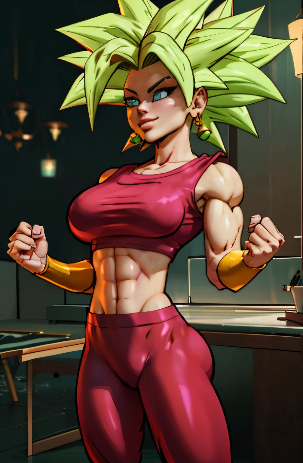 (melhor qualidade, obra-prima), (aura around body),  ((blonde hair)), brincos verdes, yoga pants, yoga bra, pele apertada, tonificado, smug, sorriso, kefla, cintura fina, luz de fundo, (slendered abs:1.4), rosto detalhado, queixo detalhado, perfect hands, radiante, perfect rendered drawing, 4k, masterpiece, dark lighting, 