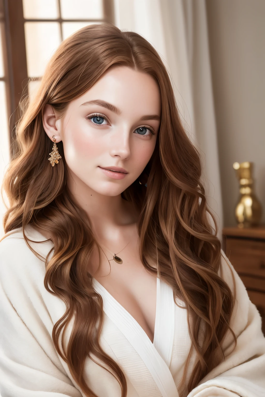 Photo of a 20-year-old European woman named Emma, raw, Beautiful woman, (Extra long wavy chestnut brown hair), ((Portrait)), ((Detailed face:1.2)), ((detailed facial features)), (finely detailed skin), pale complexion, , wrapped in a soft white bathrobe, Bedroom environment, Sitting on the edge of the bed, (warm color tone), cozy, relaxed, Reflectors, (masterspiece) (perfectly proportions)(photos realistic)(Best Quality) (Detailed) photographed in a Canon EOS R6, 35mm Lens, F/1.4, Natural light, (4K
