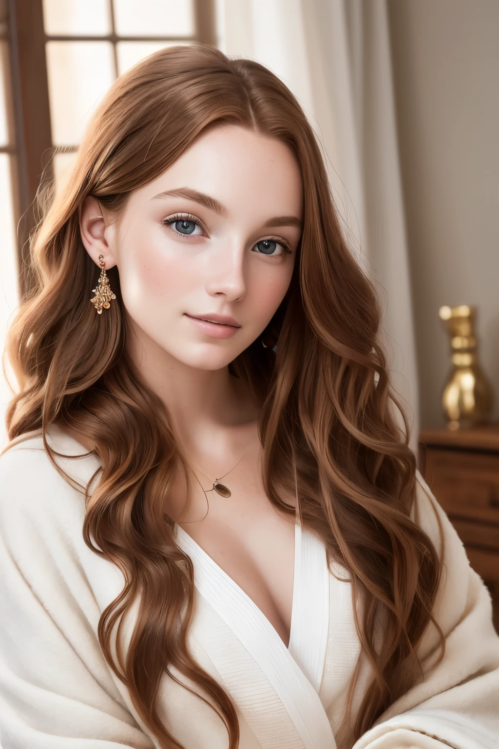 Photo of a 20-year-old European woman named Emma, raw, Beautiful woman, (Extra long wavy chestnut brown hair), ((Portrait)), ((Detailed face:1.2)), ((detailed facial features)), (finely detailed skin), pale complexion, , wrapped in a soft white bathrobe, Bedroom environment, Sitting on the edge of the bed, (warm color tone), cozy, relaxed, Reflectors, (masterspiece) (perfectly proportions)(photos realistic)(Best Quality) (Detailed) photographed in a Canon EOS R6, 35mm Lens, F/1.4, Natural light, (4K
