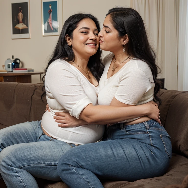 Chubby fat thic bbw indian mature (70 years old) woman, long black hair,chubby belly, wearing blues jeans and red blouse v-neck, Pearl necklace, in ghetto apartment with boyfriend ((white man)), kissing, hugging, full body picture, sitting on the sofa, smiley expression,view from the side